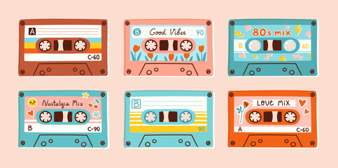 Set of cassette tapes in colorful retro style. Vector illustration of compact cassettes and mixtapes including love songs and 80s mix. Elements are isolated.