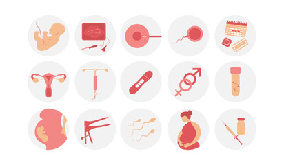 Woman fertility icon set. Obstetrics signs collection. Pregnancy insemination contraception concept