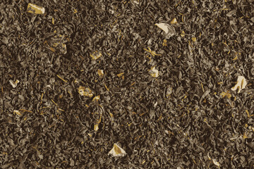 Fototapeta premium Realistic illustration of dry black tea with apricot fruit and flower petals as background, top view.