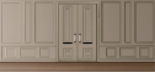 Interior in luxury victorian style, beige wall and closed door with square and rectangular molding stucco panels. Empty room with wooden floor. Home in ancient english style Realistic 3d vector mockup
