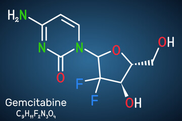 Gemcitabine molecule. It is antineoplastic agent used in the therapy of  pancreatic, lung, breast, ovarian, bladder cancer. Structural chemical formula on the dark blue background