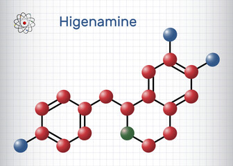 Higenamine, norcoclaurine molecule. It is herbal, natural product, ingredient in sports and weight loss dietary supplements. Structural chemical formula, molecule model. Sheet of paper in a cage.