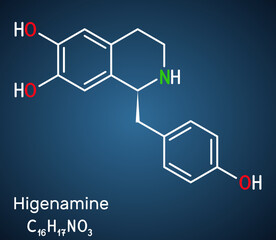 Higenamine, norcoclaurine molecule. It is herbal, natural product, ingredient in sports and weight loss dietary supplements. Structural chemical formula on the dark blue background