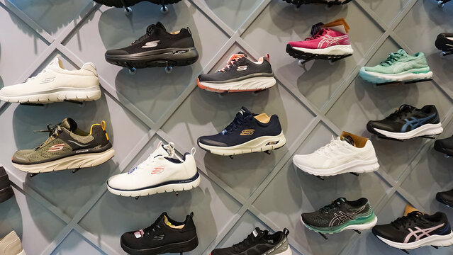 Kiyv, Ukraine - August 30, 2020: Skechers shoes at the shop at Shopping Mall. Skechers is an American shoes company founded by CEO Robert Greenberg and his son Michael in 1992