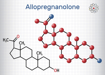 Allopregnanolone, brexanolone molecule. It is used for treatment of postpartum depression PPD. Structural chemical formula, molecule model. Sheet of paper in a cage