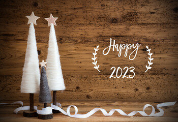 White Christmas Tree, Wooden Background, Text Happy 2023