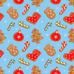 Vector seamless pattern with gingerbread and cookies on a blue background. Winter Christmas pattern. Symbols of a Happy New Year and Christmas. Home decorations, gift wrapping paper, covers, fabrics.