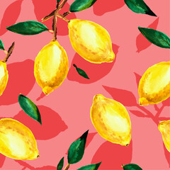 Background with the image of lemons. Original background with lemon on branches, seamless lines.