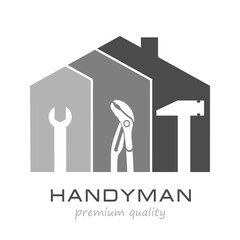 Handyman Service Logo Template Design in gray.  Vector graphics for fixing, plumbing, renovation tools in trendy line style.  Silhouette Home with pliers, wrench, hammer. EPS10.