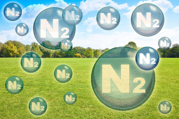 N2 nitrogen gas is the main constituent of the earth's atmosphere - concept with nitrogen molecules against a natural rural scene - obrazy, fototapety, plakaty