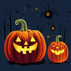 Halloween scary creepy background with two jack o lantern pumpkins carved smiling faces. Happy Halloween holiday fall dark night backdrop with spiders and bats spooky scene celebration.