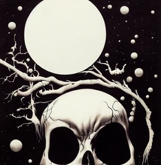 Halloween scary creepy skull on black mystery background. Happy Halloween holiday fall backdrop spooky full moon santa muerte festival scene celebration.