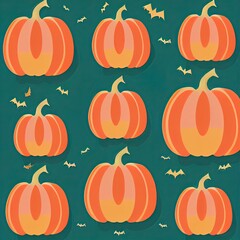 Halloween background with many orange pumpkins. Happy Halloween holiday fall festive green pattern backdrop with bats spooky scene celebration.