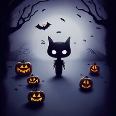 Halloween scary creepy forest foggy night background with  jack o lantern pumpkins carved smiling faces. Happy Halloween holiday fall dark night backdrop with monster and bats spooky scene celebration