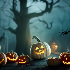 Halloween scary creepy forest foggy night background with  jack o lantern pumpkins carved  faces. Happy Halloween holiday fall dark night backdrop with trees and old house spooky scene celebration.