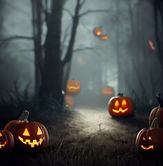 Halloween scary creepy forest foggy night background with jack o lantern pumpkins carved  faces. Happy Halloween holiday fall dark night backdrop with trees spooky mystery scene celebration.
