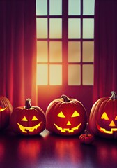 Halloween scary creepy background inside old house with jack o lantern pumpkins carved  faces. Happy Halloween holiday fall dark night backdrop purple pink sunset spooky mystery scene celebration.