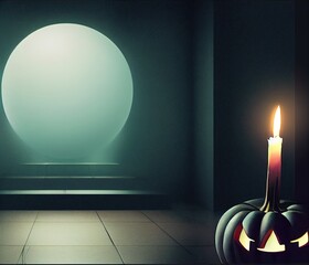 Halloween scary creepy background inside old house with jack o lantern pumpkin candle lights. Happy Halloween holiday fall dark night backdrop green misty foggy spooky mystery scene celebration.