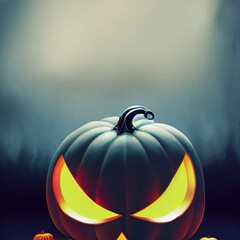 Halloween scary creepy background with one jack o lantern pumpkin looking with carved eyes. Happy Halloween holiday fall dark night backdrop grey misty foggy spooky mystery scene celebration.