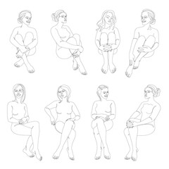 Collection. Silhouettes of a girl in a modern one line style. Continuous lady line drawing aesthetic outline for home decor, posters, wall art, stickers, logo. Vector illustration. 