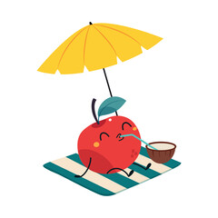 Red Apple as Summer Fruit Character Under Umbrella Drinking Coconut Cocktail Enjoying Vacation and Having Fun Vector Illustration