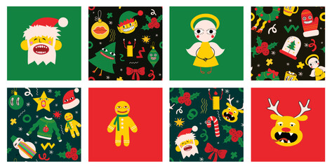 Cute cartoon character and christmas elements seamless pattern. Merry Christmas and Happy New Year 2023. Vector trendy abstract illustrations for holiday wallpaper, fabric