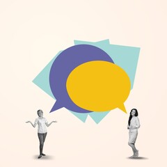 Creative collage portrait of two people with huge dialogue bubble communication