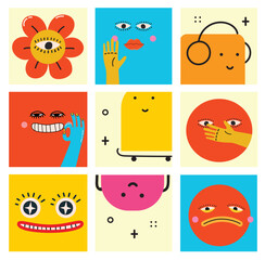 Big Set of Different colored Vector illustartions for posters in Cartoon Flat design. Hand drawn Abstract shapes, faces, different texture funny Comic characters.
