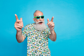 Portrait photo of old bearded pensioner grandfather positive man wear stylish outfit green glasses...