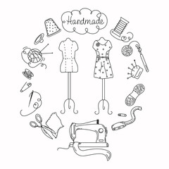 Sewing accessories doodle style. Handmade, set with elements of a sewing machine, threads, needles, dummy, scissors. Vector.