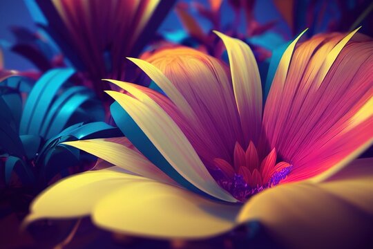 Exotic plants and flowers fantasy illustration. 3D rendered floral composition