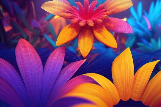 Exotic plants and flowers fantasy illustration. 3D rendered floral composition