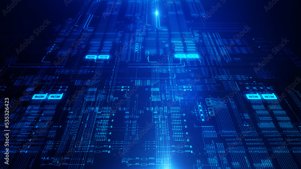 Poster Technology background moving data array/Technological background data transmission channel. Motion of digital data flow. Transferring of big data. Transfer and storage of data sets. 3d rendering