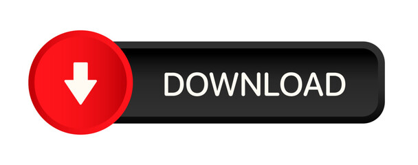 3D black red download button icon. Upload icon. Down arrow bottom side symbol. Click here button. Save cloud icon push button for UI UX, website, mobile application.