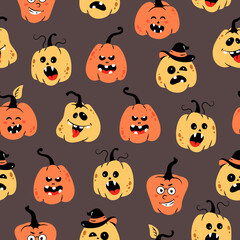 Vector seamless pattern with orange Halloween pumpkin. Happy Halloween. Childish background for fabric, wrapping paper, textile, wallpaper and apparel. Vector Illustration
