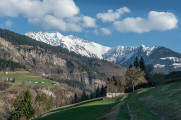 Fototapeta na wymiar Mountain landscape, Piz Fess (2880 m) and Val Lumnezia, Graubünden, Switzerland