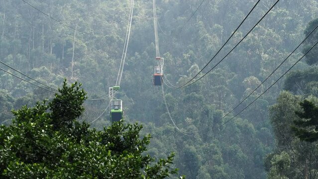 Cable cars at Monserrate mountain in Bogota, the capital and largest city of Colombia. 