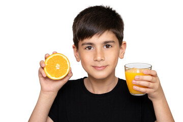 Photo of adorable young happy boy looking at camera.Isolated on the white background. Healthy vitamin child's nutrition. Growing Child Drinking Vitamin C