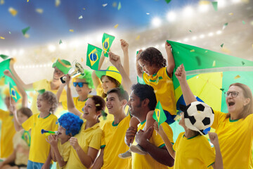 Brazil football team supporter on stadium. - obrazy, fototapety, plakaty