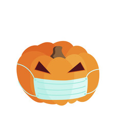 Autumn illustration of an orange pumpkin with carved triangular evil eyes for Halloween in a medical blue mask. Isolated vector picture on a white background.
