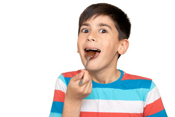 Photo of adorable young happy boy looking at camera.Isolated on the white background. Cheerful...