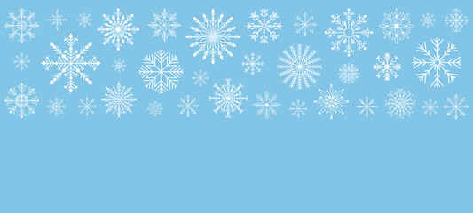 Hand drawn Christmas Horizontal snowflake border. New Year white ice crystal header or banner. Abstract doodle drawing Winter symbol. Christmas background