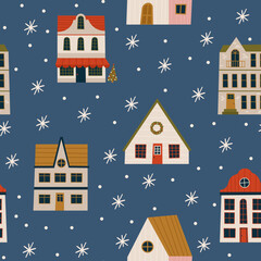 Merry Christmas and Happy New Year seamless pattern with various tiny houses. Modern hand draw illustrations. Colorful contemporary art