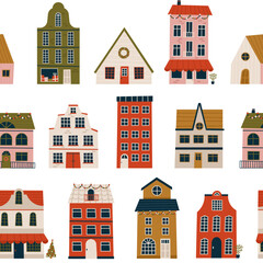 Merry Christmas and Happy New Year seamless pattern with various tiny houses. Modern hand draw illustrations. Colorful contemporary art