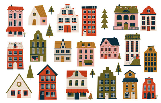 Merry Christmas and Happy New Year Set of various tiny houses. Modern hand draw illustrations. Colorful contemporary art © anya