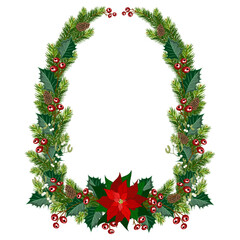Christmas fir wreath with red berries and poinsettia