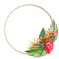 Tropical round frame with red lily, strelitzia flowers and palm leaves. Watercolor illustration on white background.