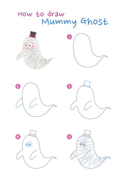 How To Draw Halloween Mummy Ghost Vector Illustration. Draw Mummy's Ghost Step By Step. Cute And Easy Drawing Guide.