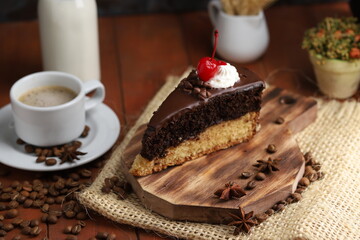 individual cake slice with coffee and milk