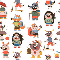 Forest animals activity vector cartoon seamless pattern background for wallpaper, wrapping, packing, and backdrop.
